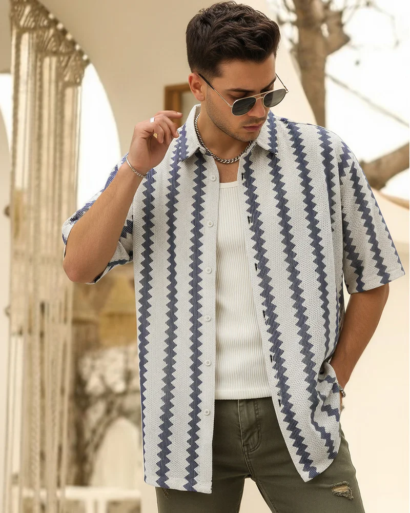 bewakoof Men's Off White & Blue Textured Oversized Shirt